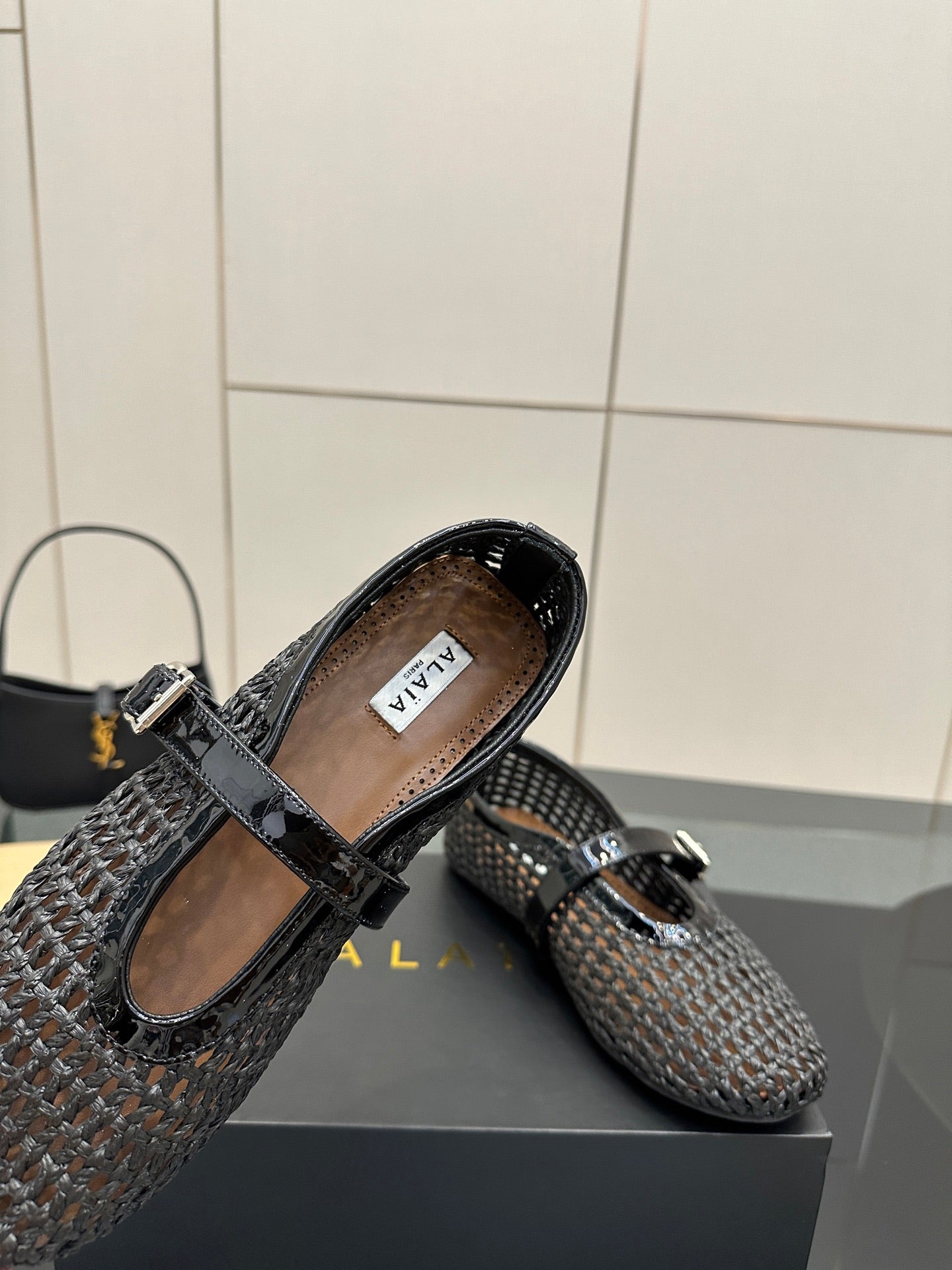 ALAIA MARY JANE FLAT 25S IN CHARCOAL GREY WOVEN MESH