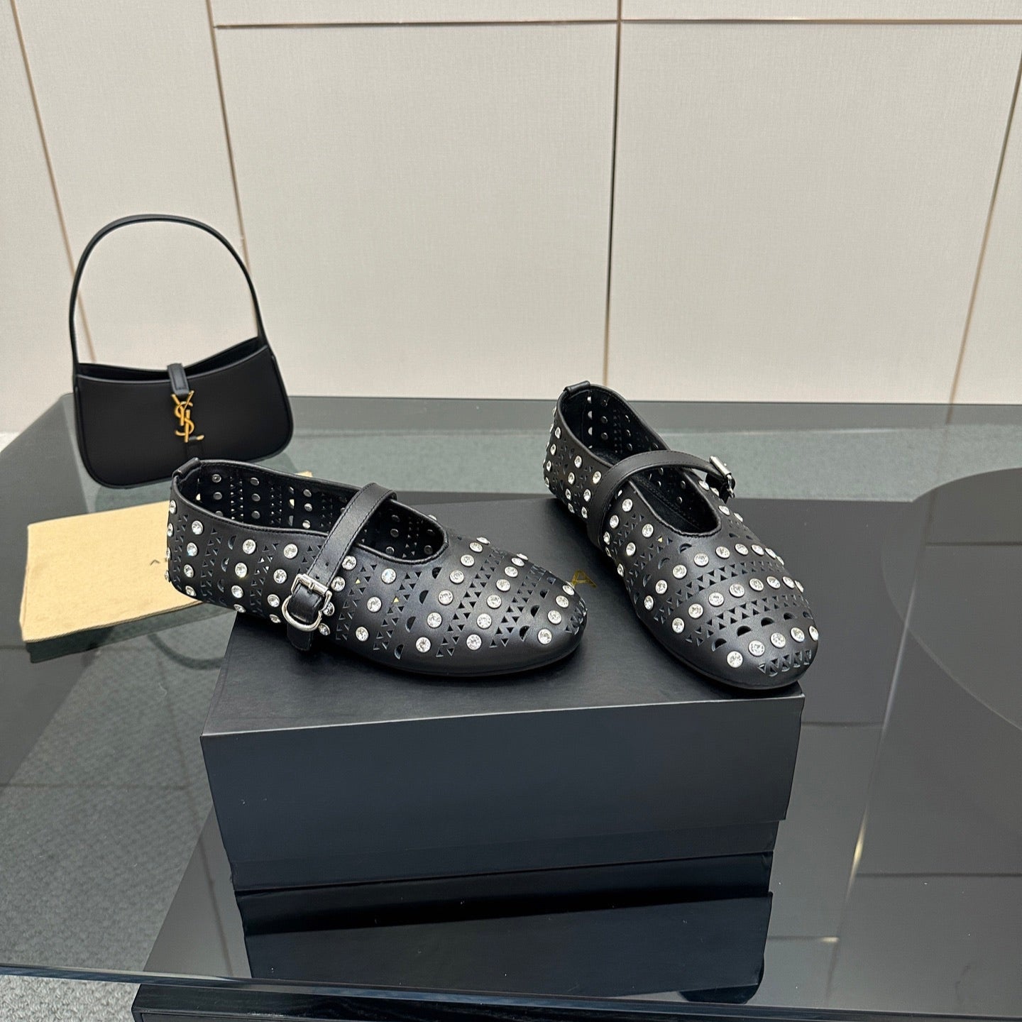 ALAIA BALLET SHOES 25S IN BLACK LAMBSKIN WITH CRYSTAL DETAILING