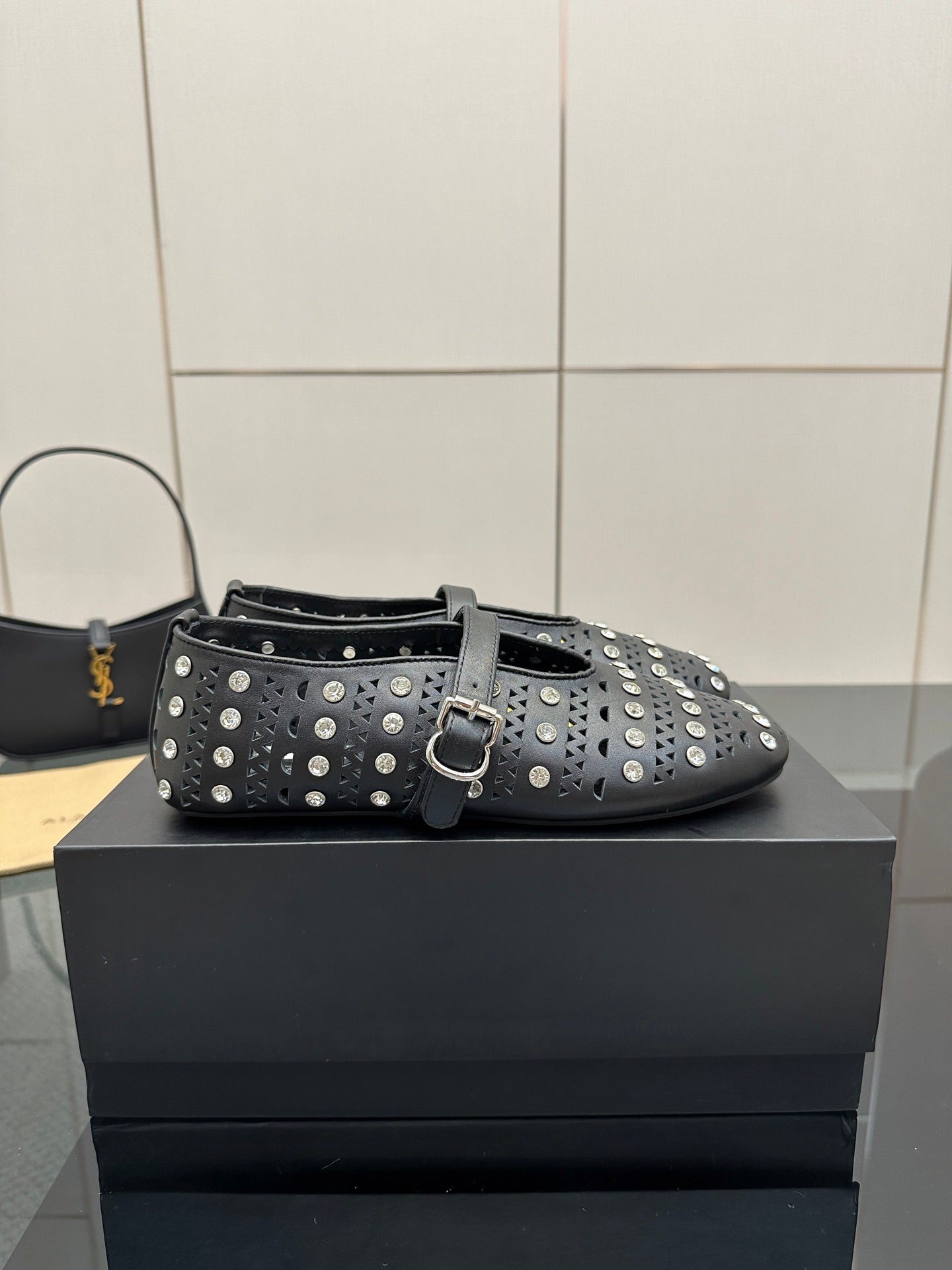 ALAIA BALLET SHOES 25S IN BLACK LAMBSKIN WITH CRYSTAL DETAILING