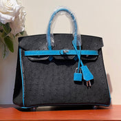 KELLY  SELLIER 25 BAG IN BLACK MIX OCEAN BLUE OSTRICH LEATHER