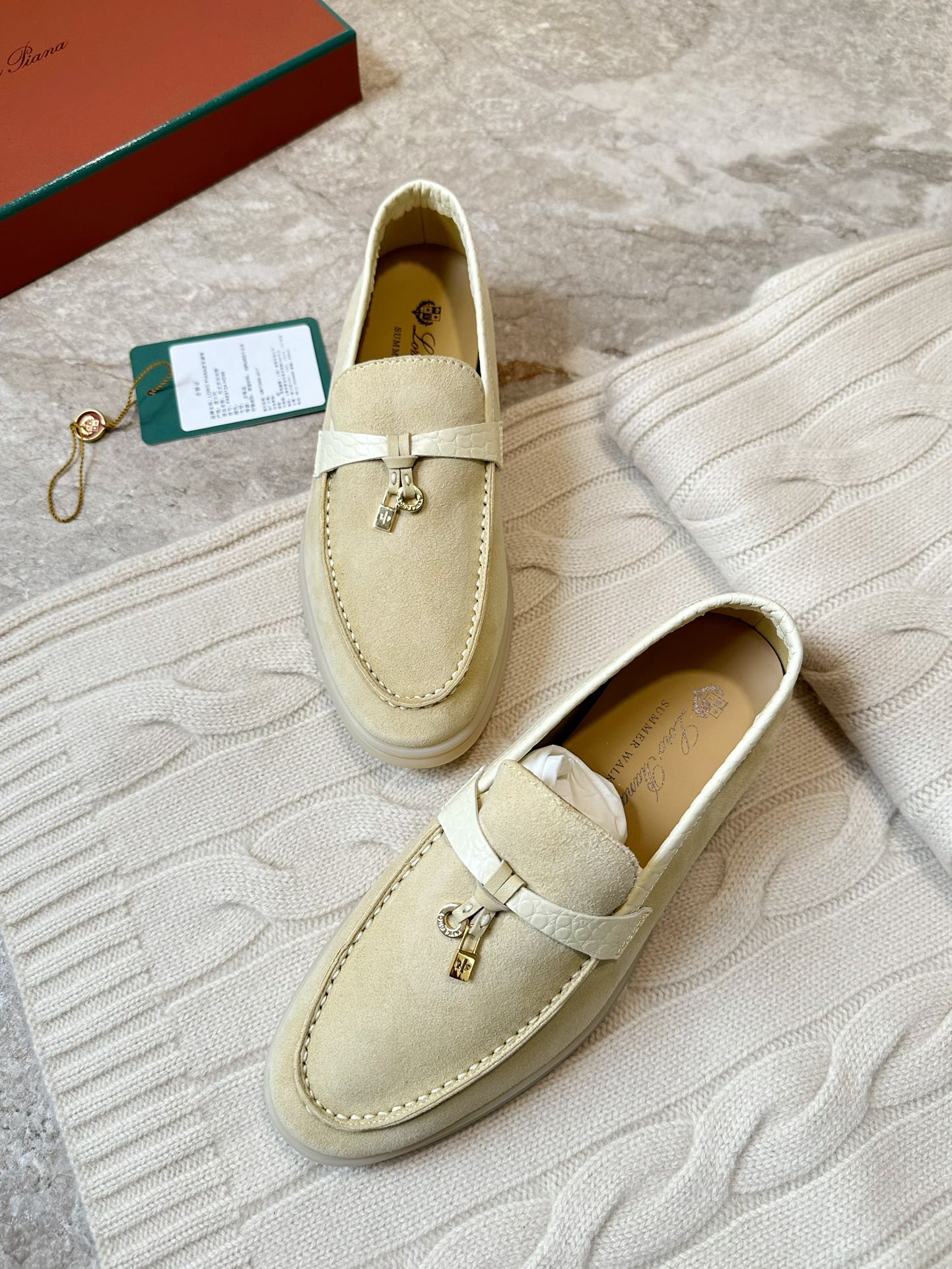 SUMMER WALK LOAFERS BEIGE SUEDE GOLD PADLOCK CHARM