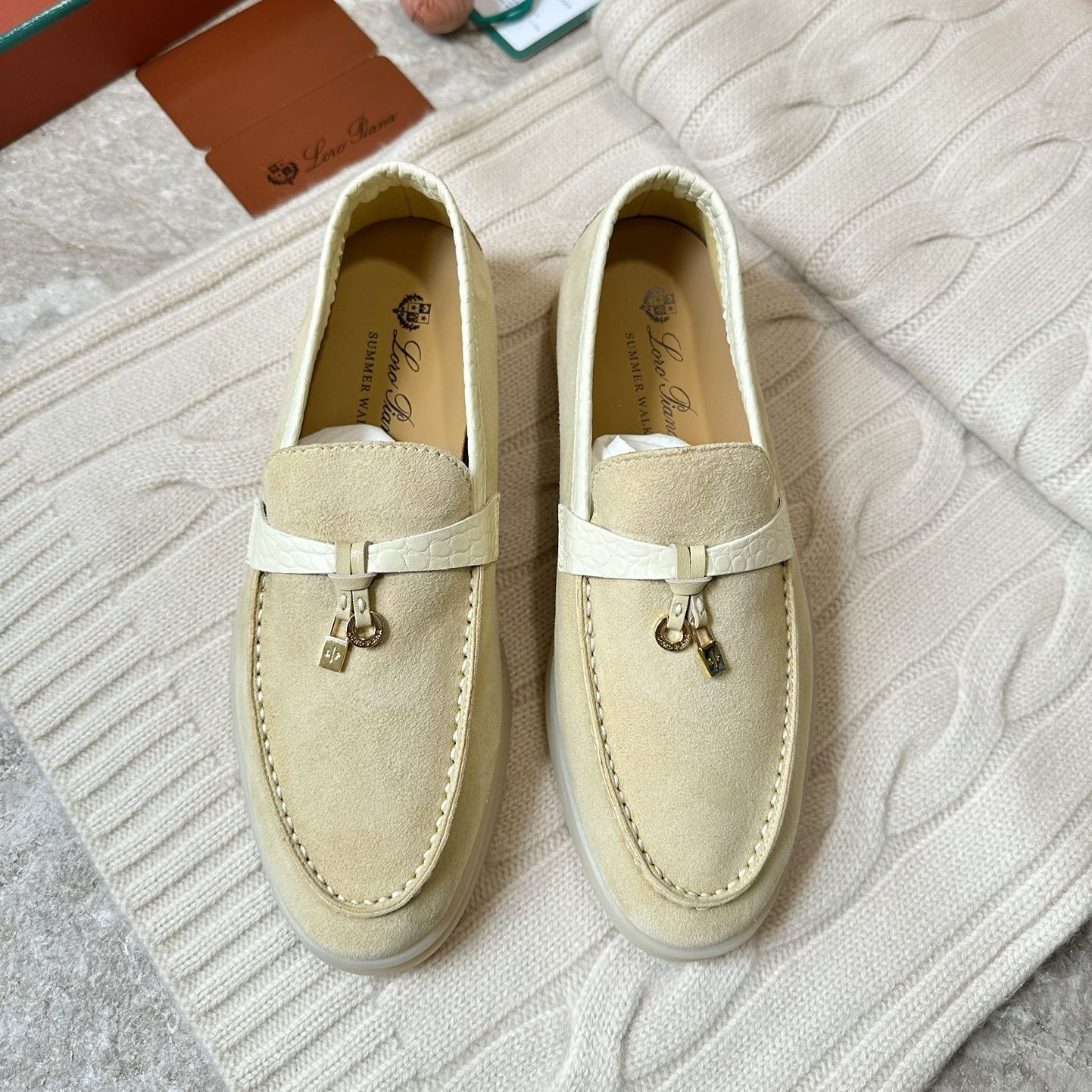 SUMMER WALK LOAFERS BEIGE SUEDE GOLD PADLOCK CHARM