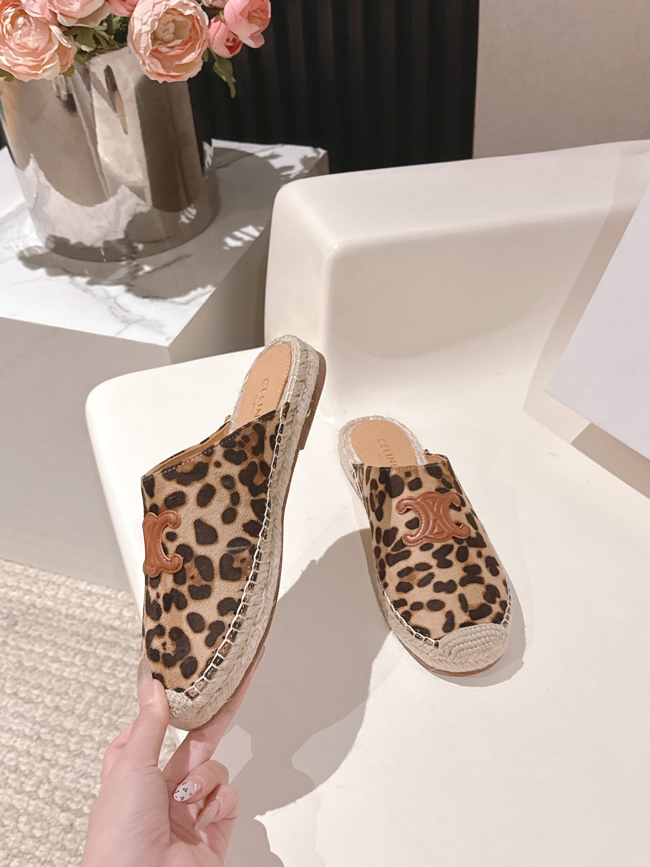 CELINE 25S LES ESPADRILLES MULE IN LEOPARD PRINTED HAIRY CALFSKIN