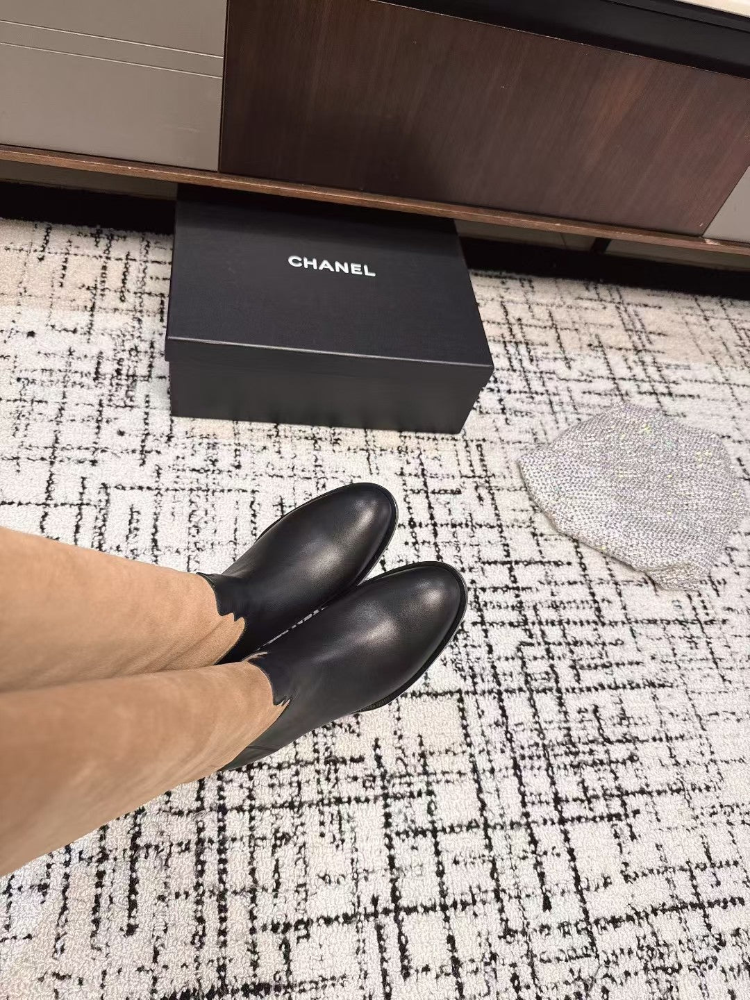 CC HIGH BOOTS IN TAN BROWN SUEDE MIX BLACK CALFSKIN