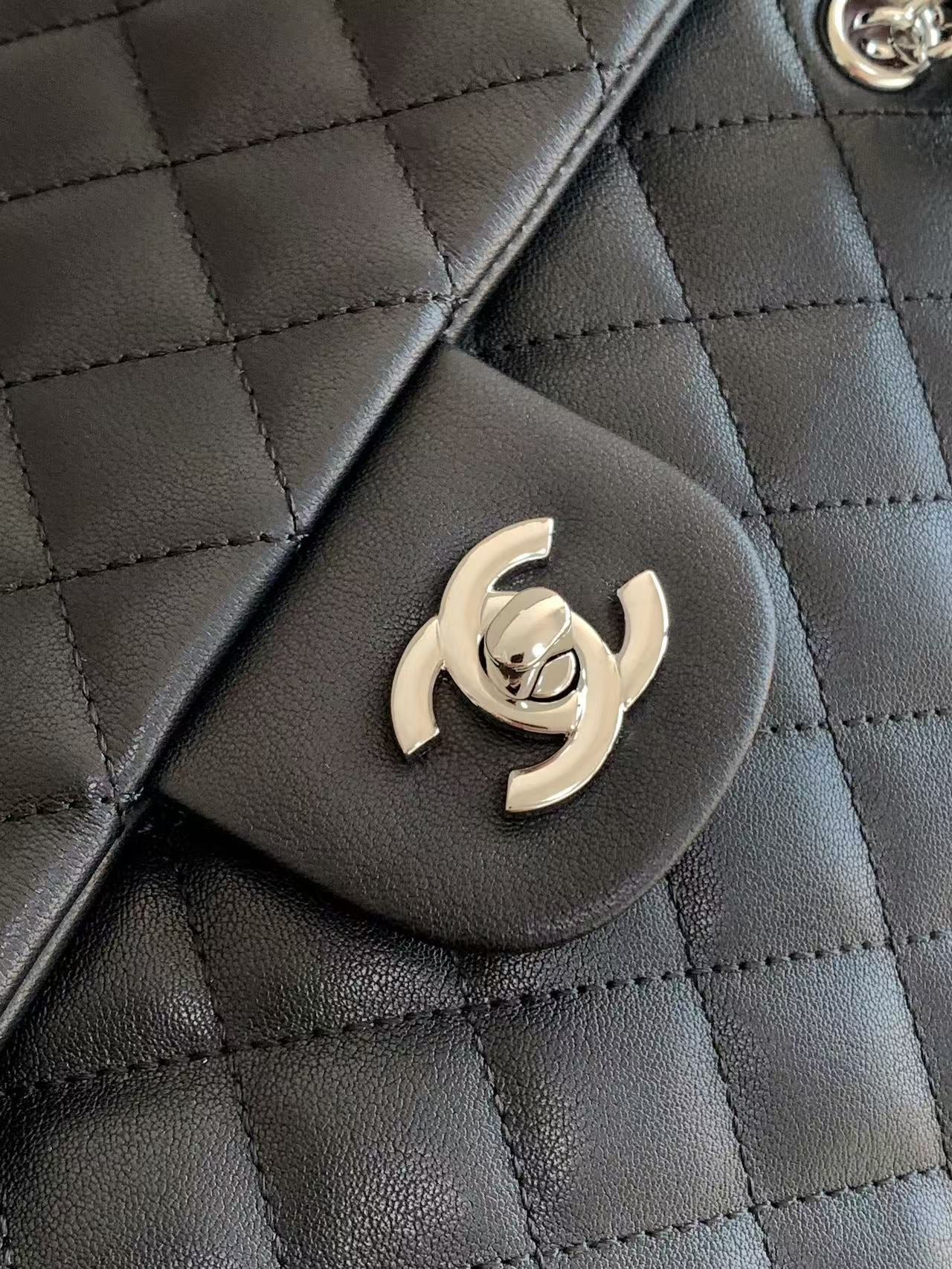 CHANEL CAMBON LARGE FLAP 25S 33 CM IN BLACK CALFSKIN WITH WHITE LOGO