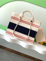 SHOPPING BAG 38 IN WHITE RED AND NAVY BLUE CANVAS