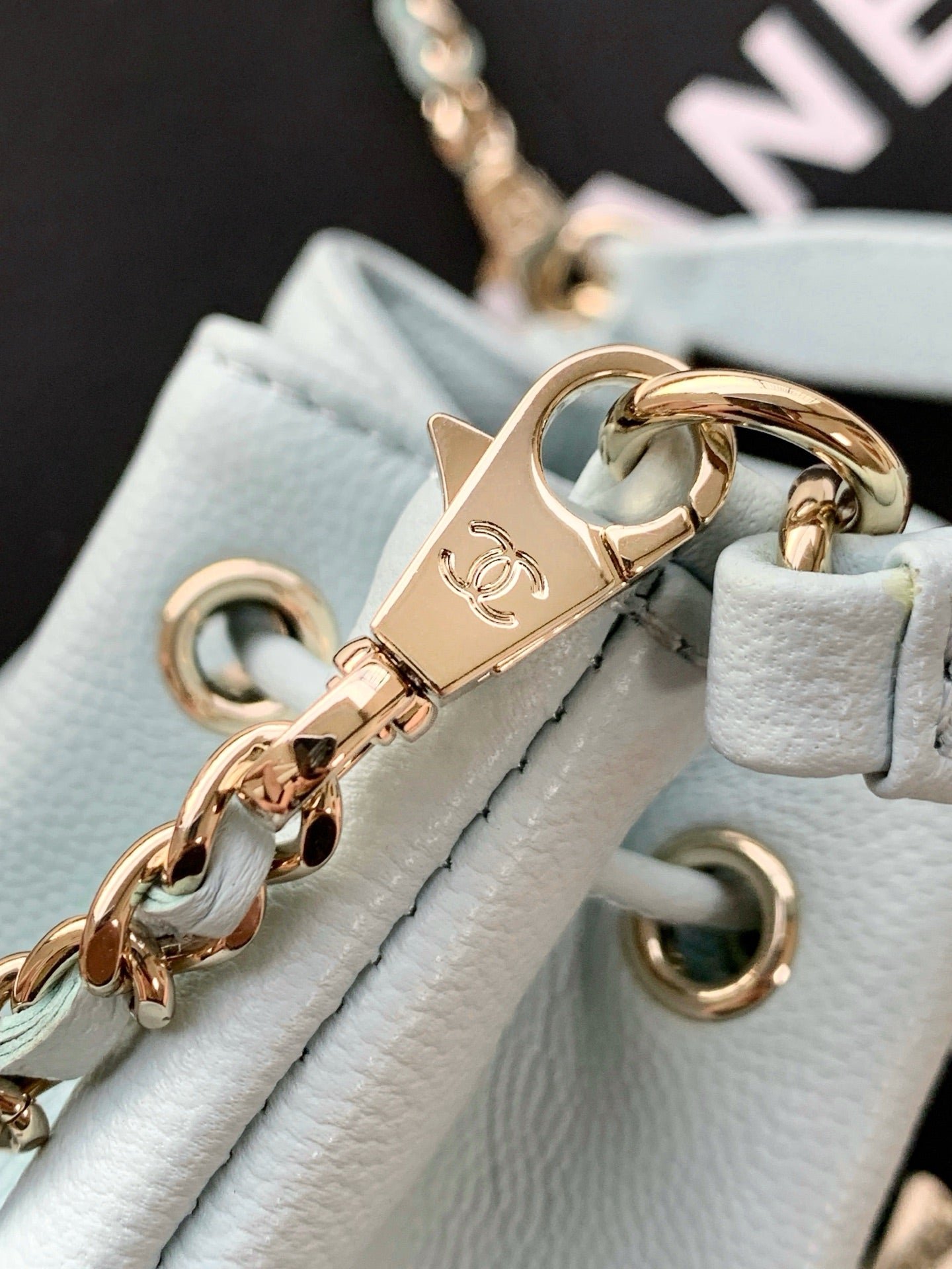 CHANEL 25S MINI BUCKET BAG 12 IN LIGHT BLUE CALFSKIN GOLD HARDWARE