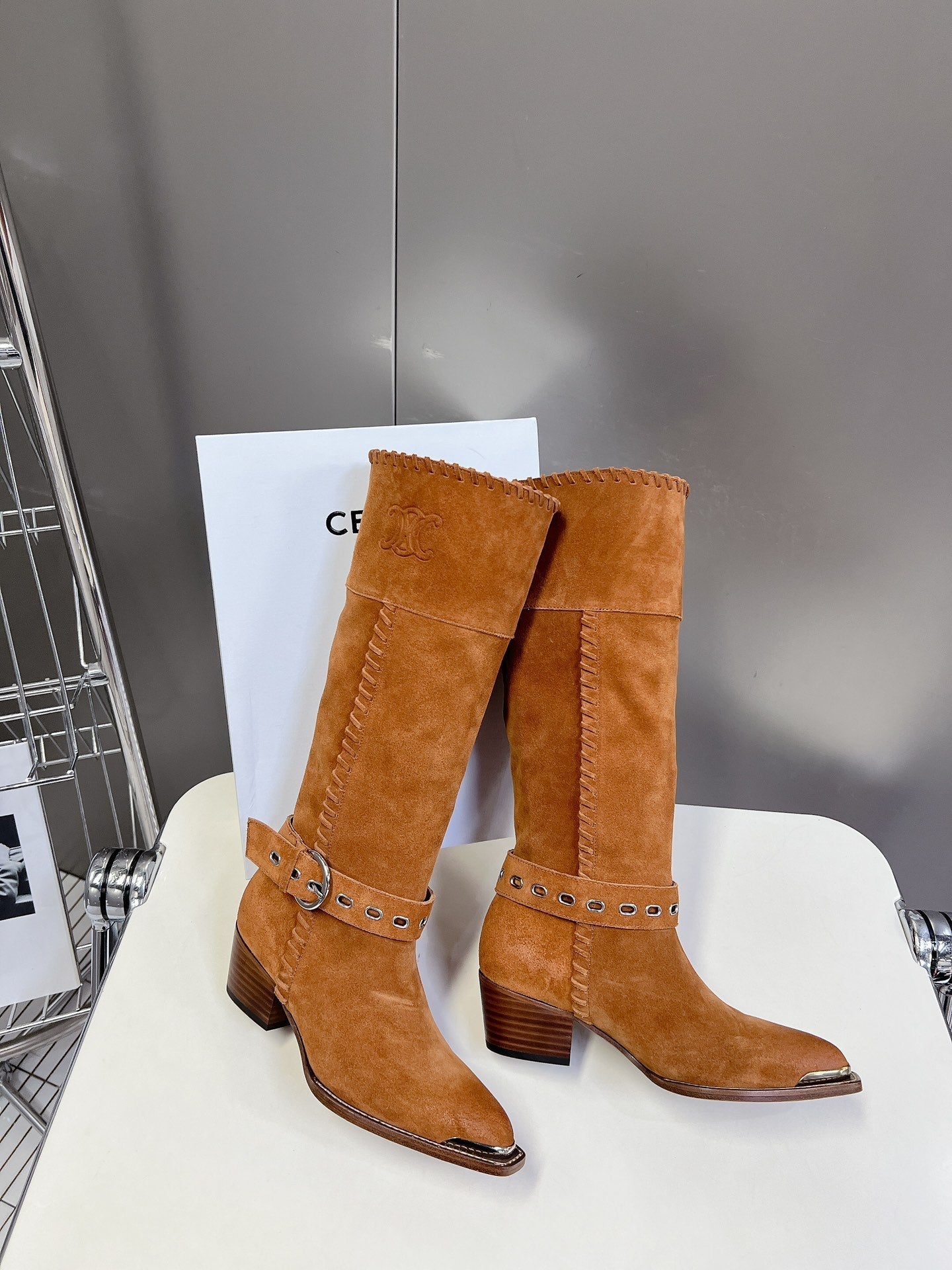 CELINE 25S BULKY LACED UP BOOTS 45MM IN BURNT ORANGE SUEDE