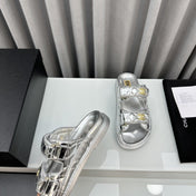 dad sandals silver metalic lambskin mules