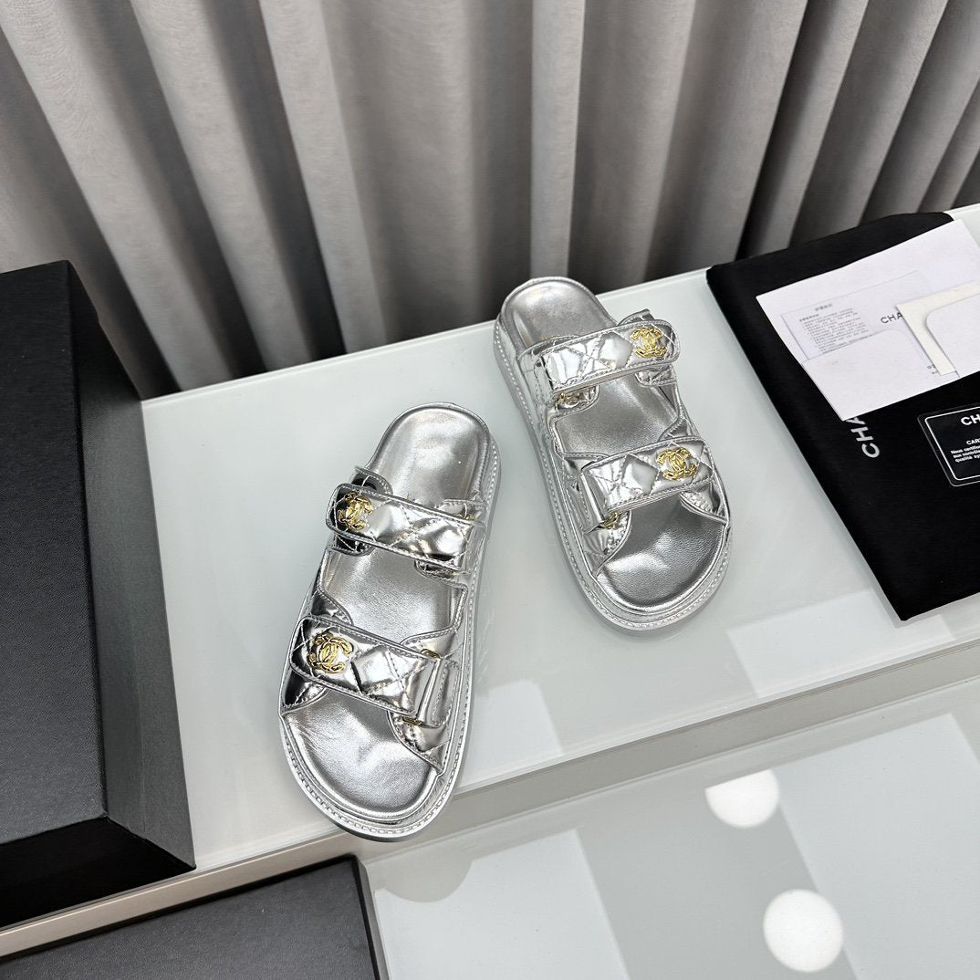 dad sandals silver metalic lambskin mules