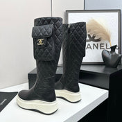 CHANEL 25S WEDGE KNEE-HIGH BOOTS IN BLACK CALFSKIN SILVER HARDWRE