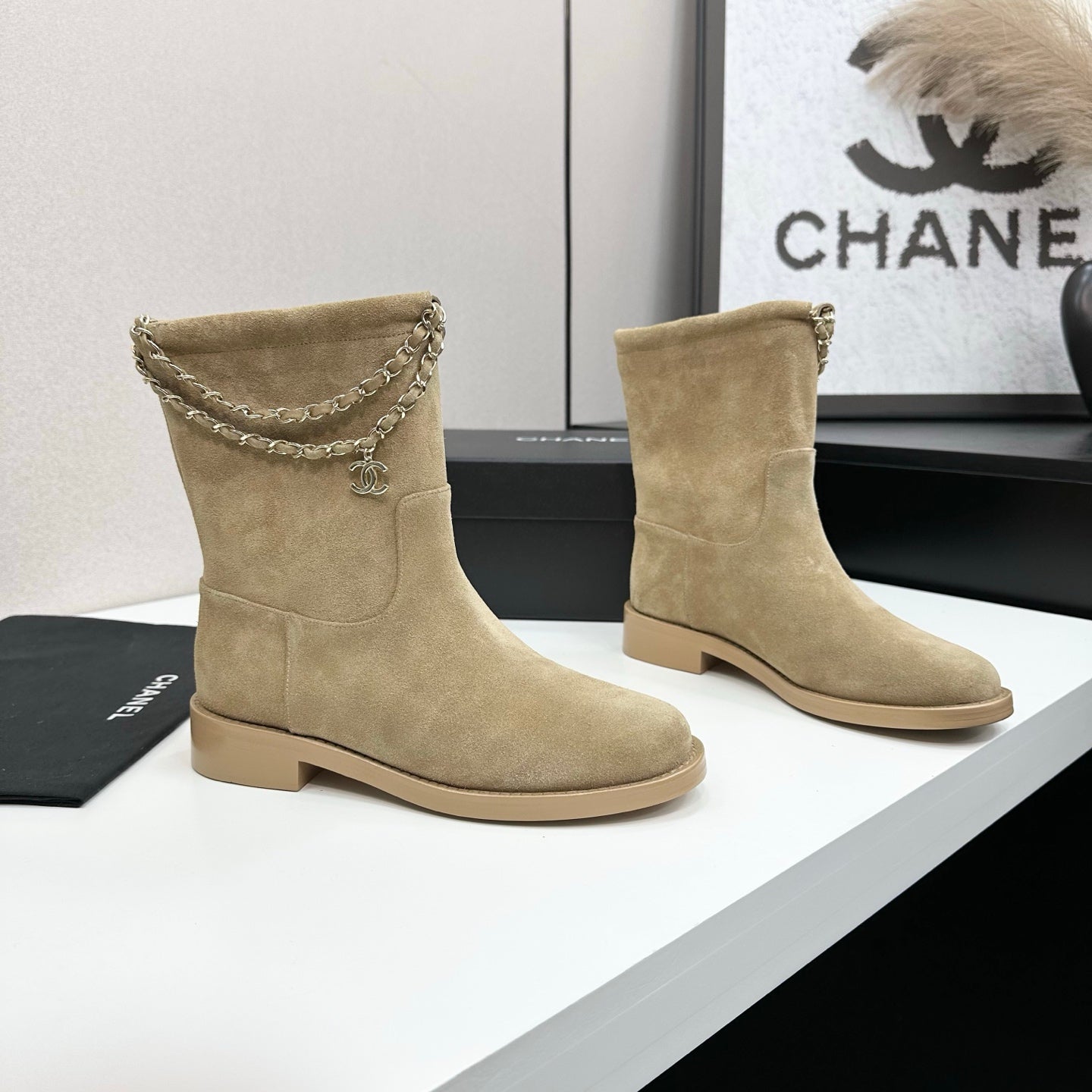 CHANEL 25S SHORT BOOTS IN LIGHT GOLD SUEDE SILVER HARDWRE