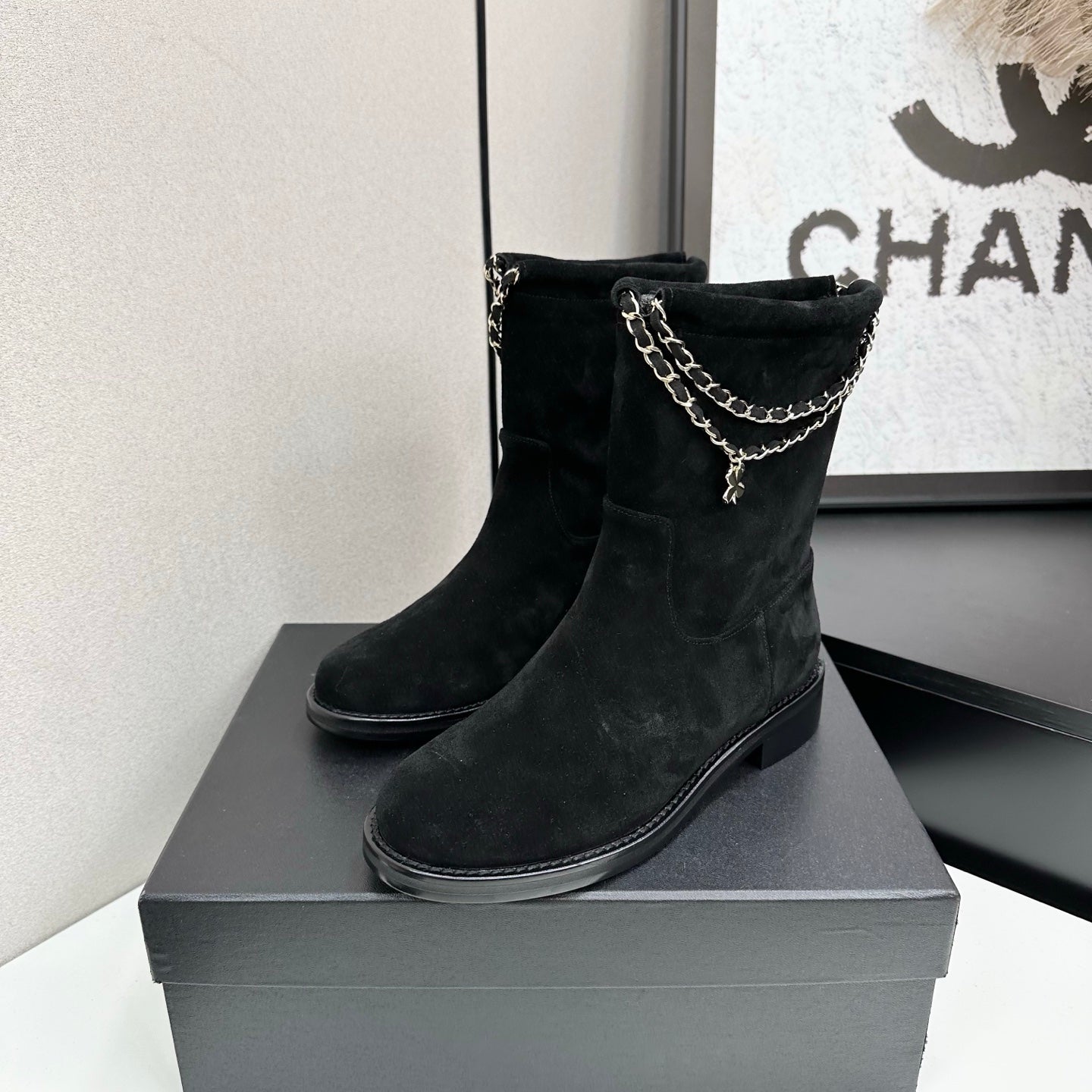 CHANEL 25S SHORT BOOTS IN BLACK SUEDE SILVER HARDWRE
