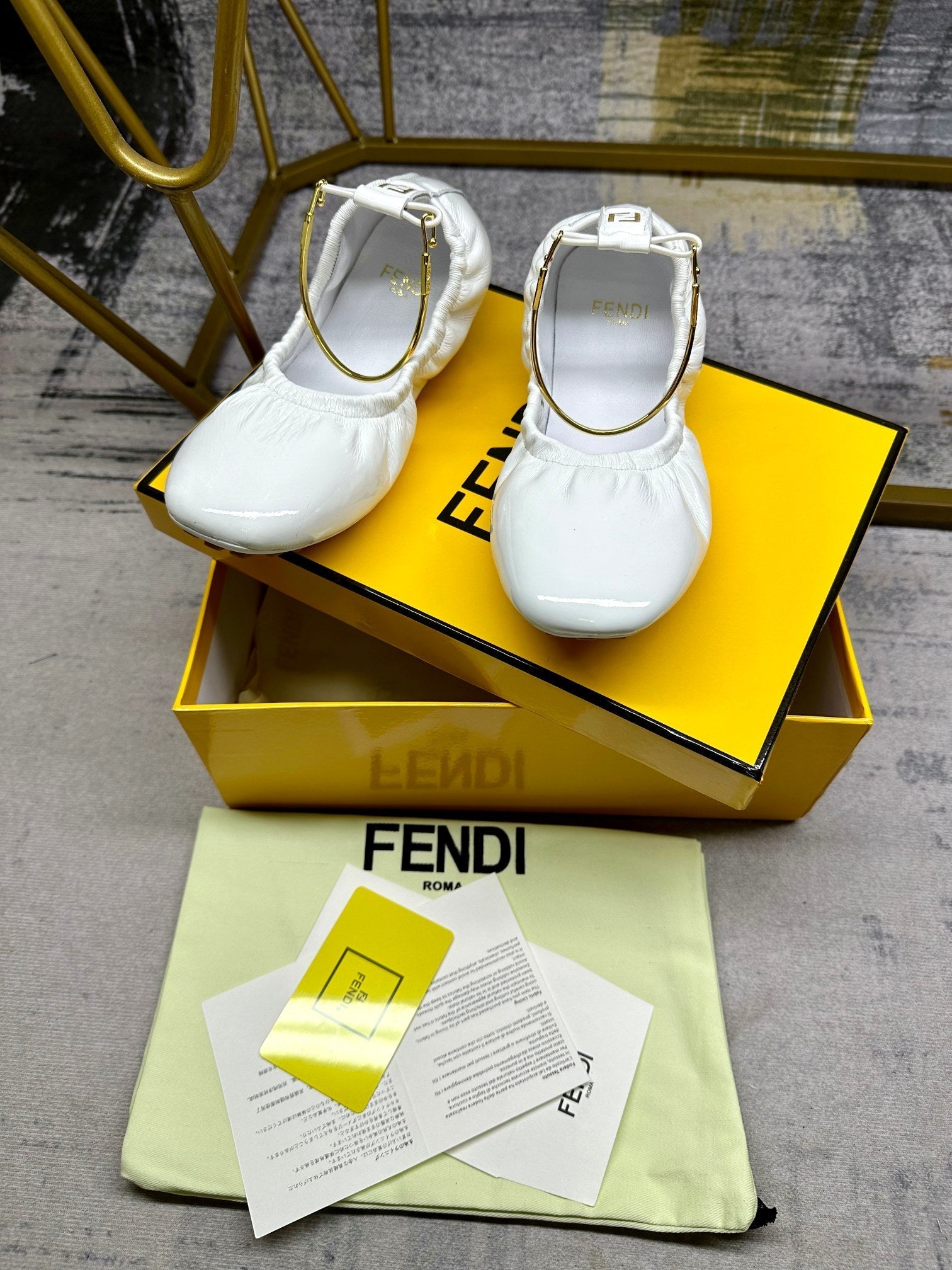 FENDI FILO BALLET IN WHITE LAMBSKIN WITH GOLD HARDWARE