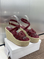 D-CLUB 25S HIGH HEEL WEDGE 100MM IN BURGUNDY RED CALFSKIN RAFFIA SOLE