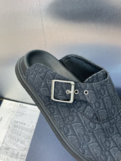 DIOR 25S AQUA MULES WITH OBLIQUE PATTERN IN DARK BLUE CANVAS