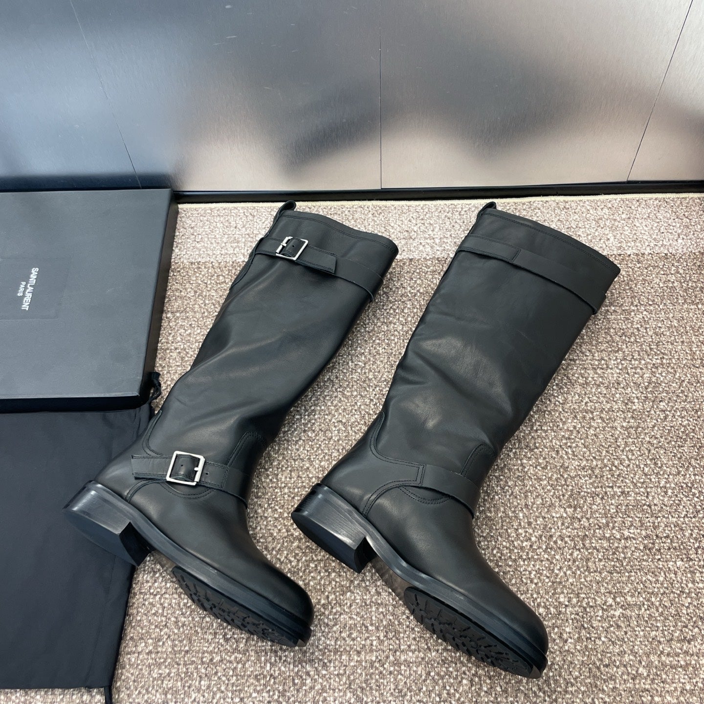 YSL 25S KNEE-HIGH BOOTS 30 MM IN BLACK LAMBSKIN WITH SILVER HARDWARE
