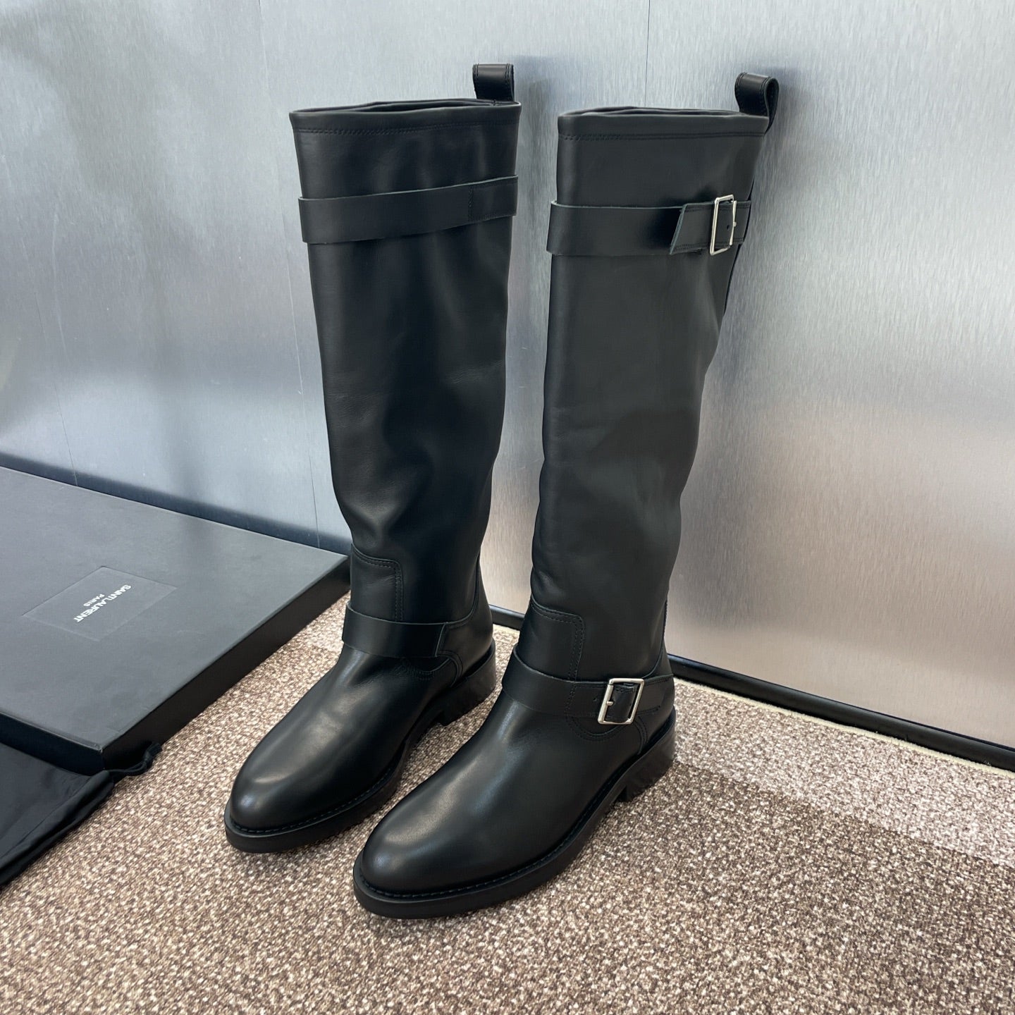 YSL 25S KNEE-HIGH BOOTS 30 MM IN BLACK LAMBSKIN WITH SILVER HARDWARE