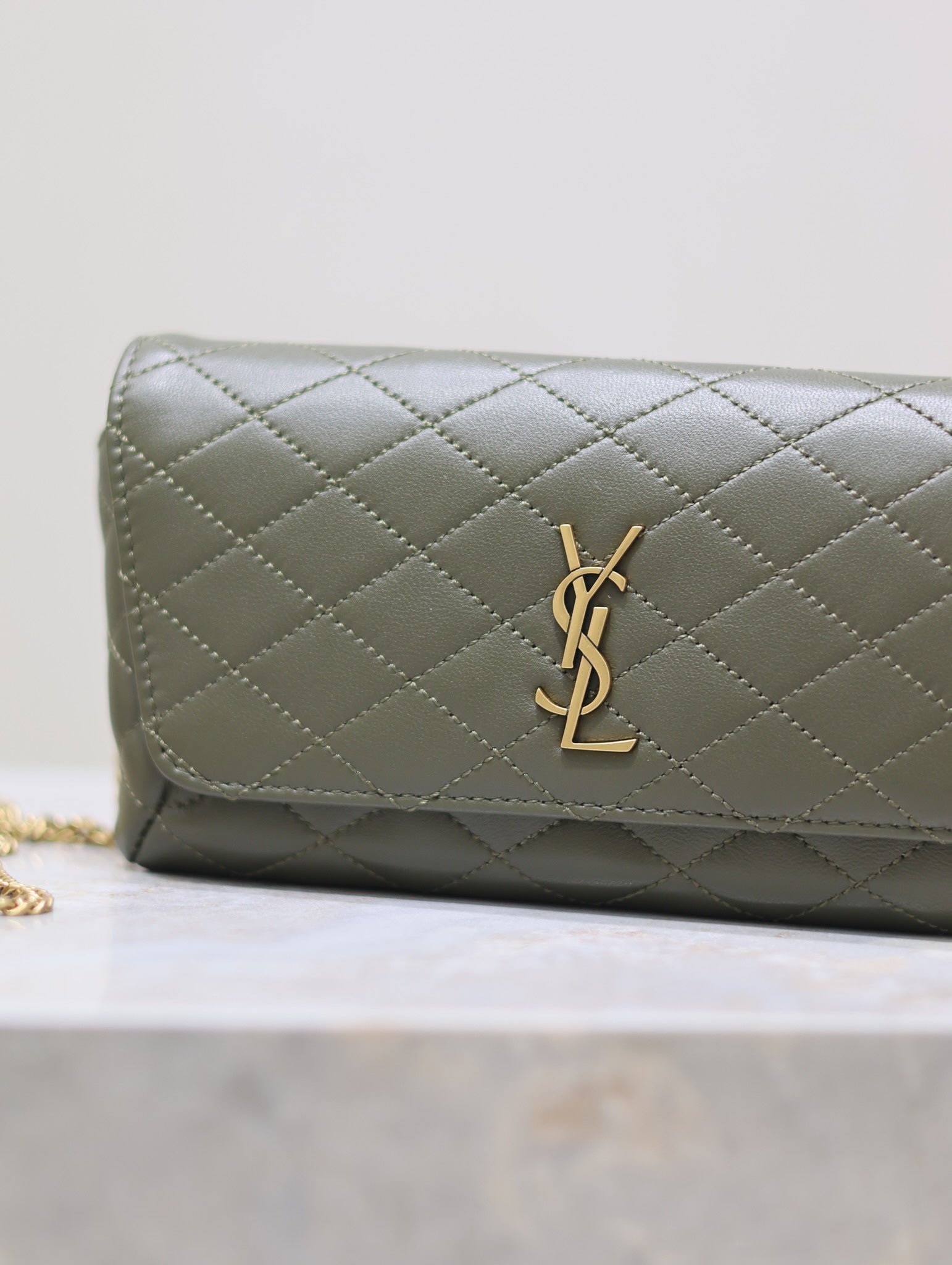 YSL 25S SAINT LAURENT GABY 19 IN DARK OLIVE QUILTED CALFSKIN GOLD HARDWARE