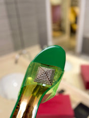 HIGH MULE 60MM IN SHAMROCK GREEN SHEEPSKIN AND TRANSPARENT PVC