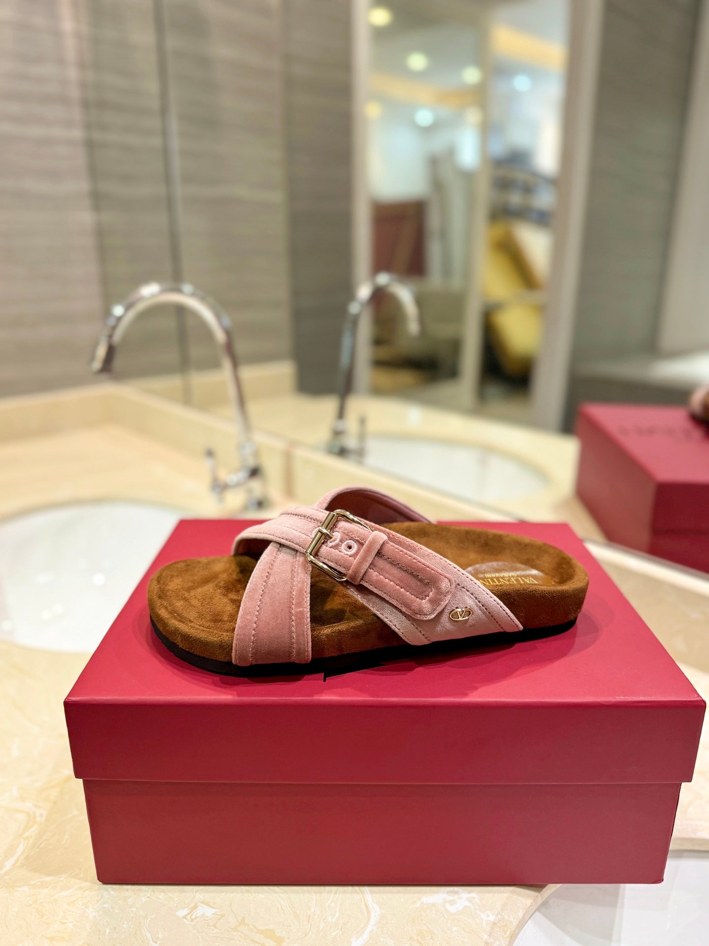 FUSSFRIEND CREPE PINK SILK VELVET SLIDE SANDALS