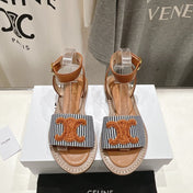 LYMPIA SANDAL IN TRIOMPHE MACCRAMÉ COTTON & CALFSKIN BRONZE BROWN/NAVY