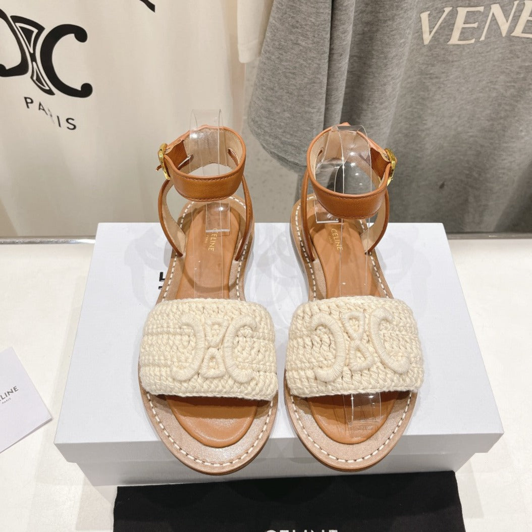 LYMPIA SANDAL IN TRIOMPHE MACCRAMÉ COTTON & CALFSKIN ECRU TAN