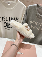 MIUMIU 26S FLAT SLIDES IN CREAM BEIGE SHEARLING
