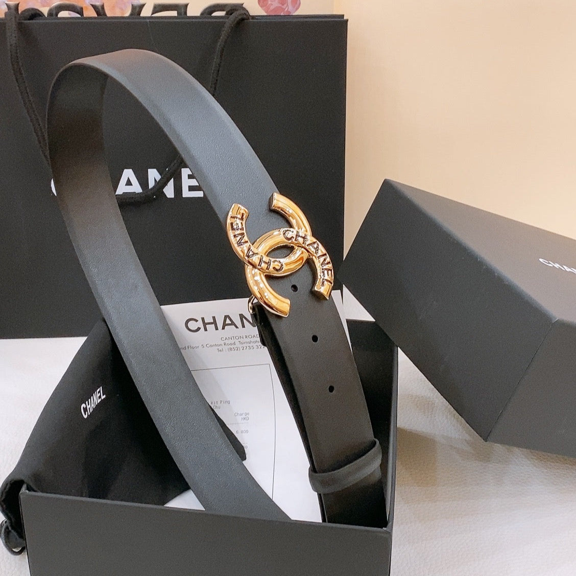 DOUBLE C BELT 40MM IN BLACK CALFSKIN GOLD BUCKLE EMBOSSED BLACK LOGO