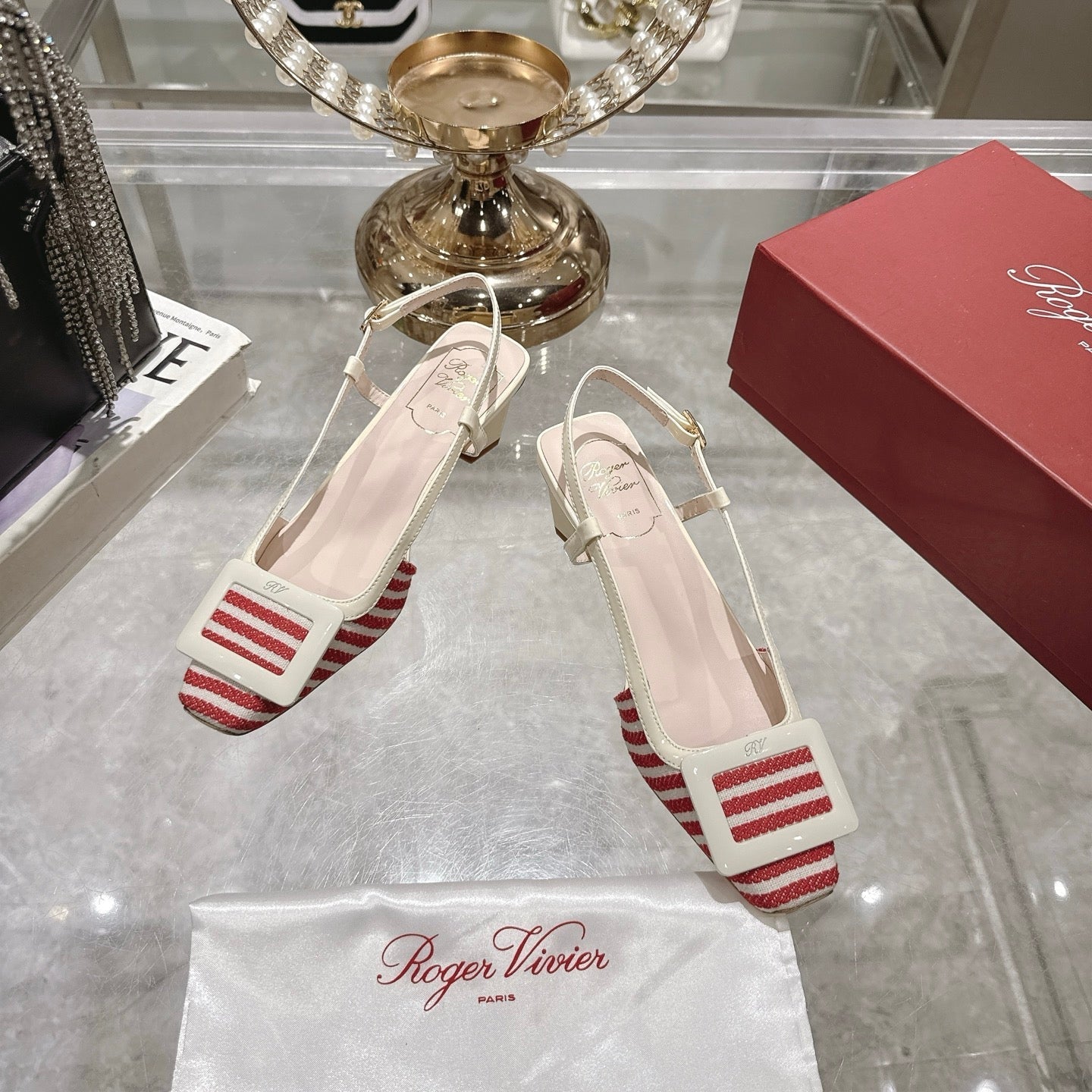 ROGER VIVIER 25S VIVIER SLINGBACK 45MM IN RED PLAID PATTERN CANVAS