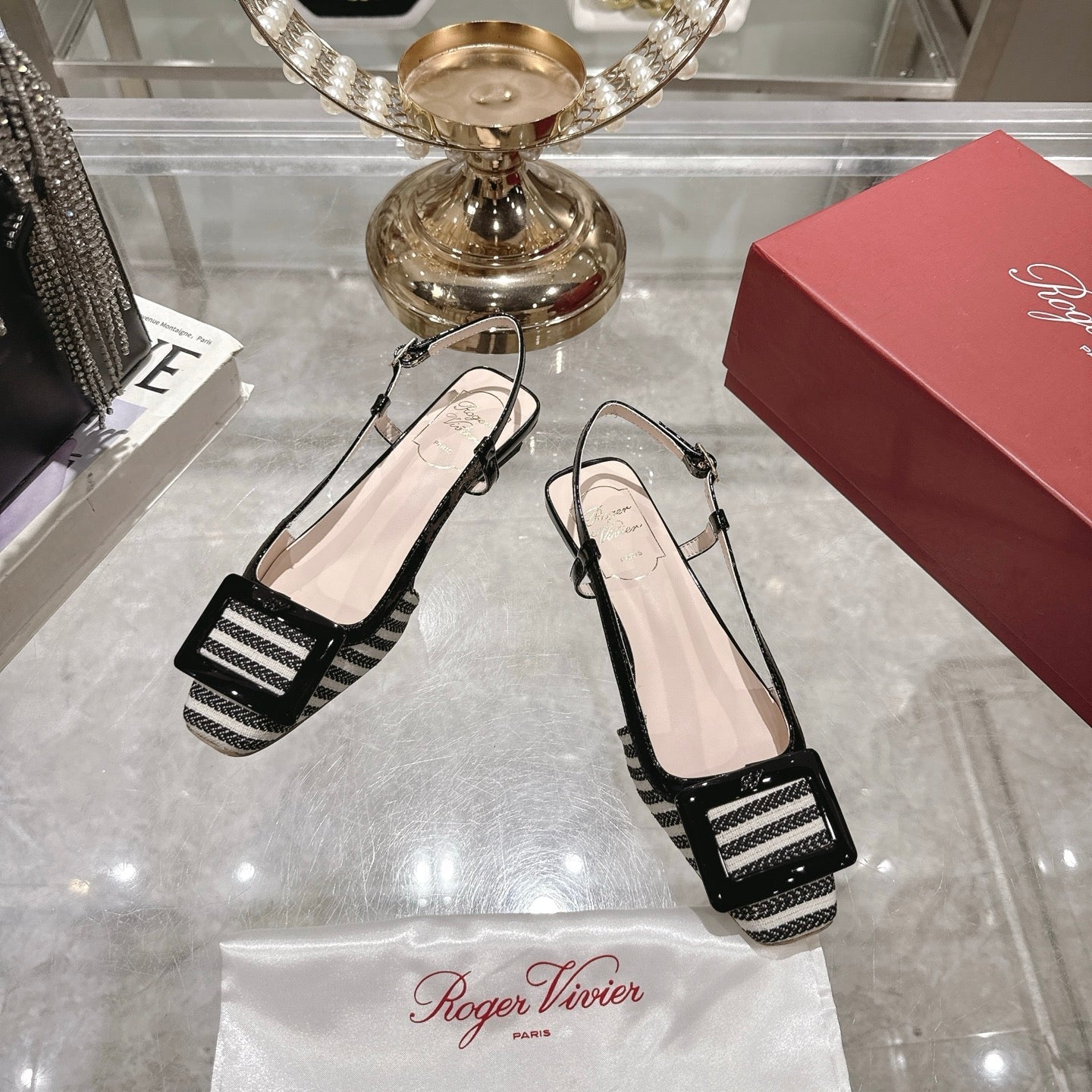 ROGER VIVIER 25S VIVIER SLINGBACK 25MM IN BLACK PLAID PATTERN CANVAS
