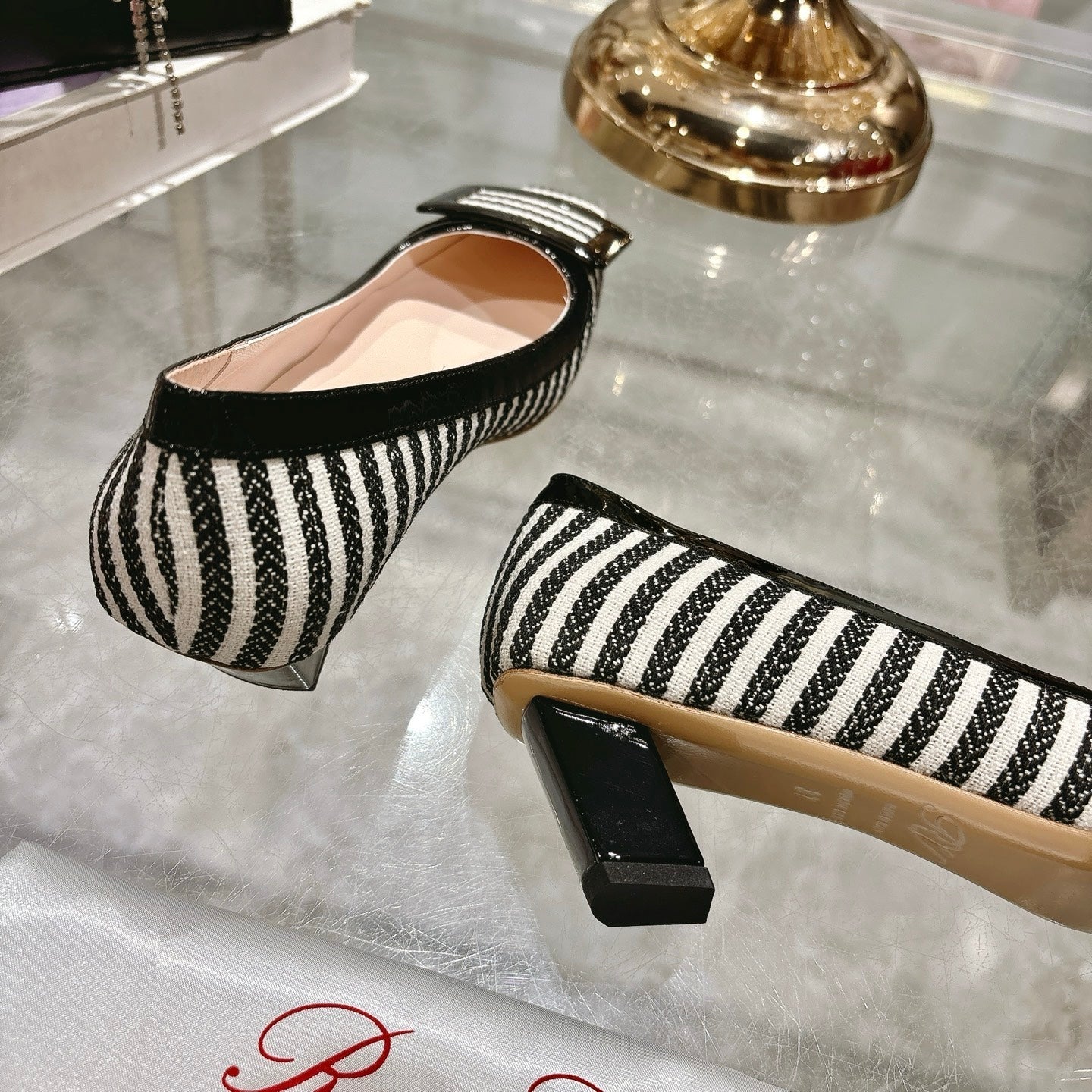ROGER VIVIER 25S TROMPETTE BALLERINAS 45MM IN BLACK PLAID PATTERN CANVAS