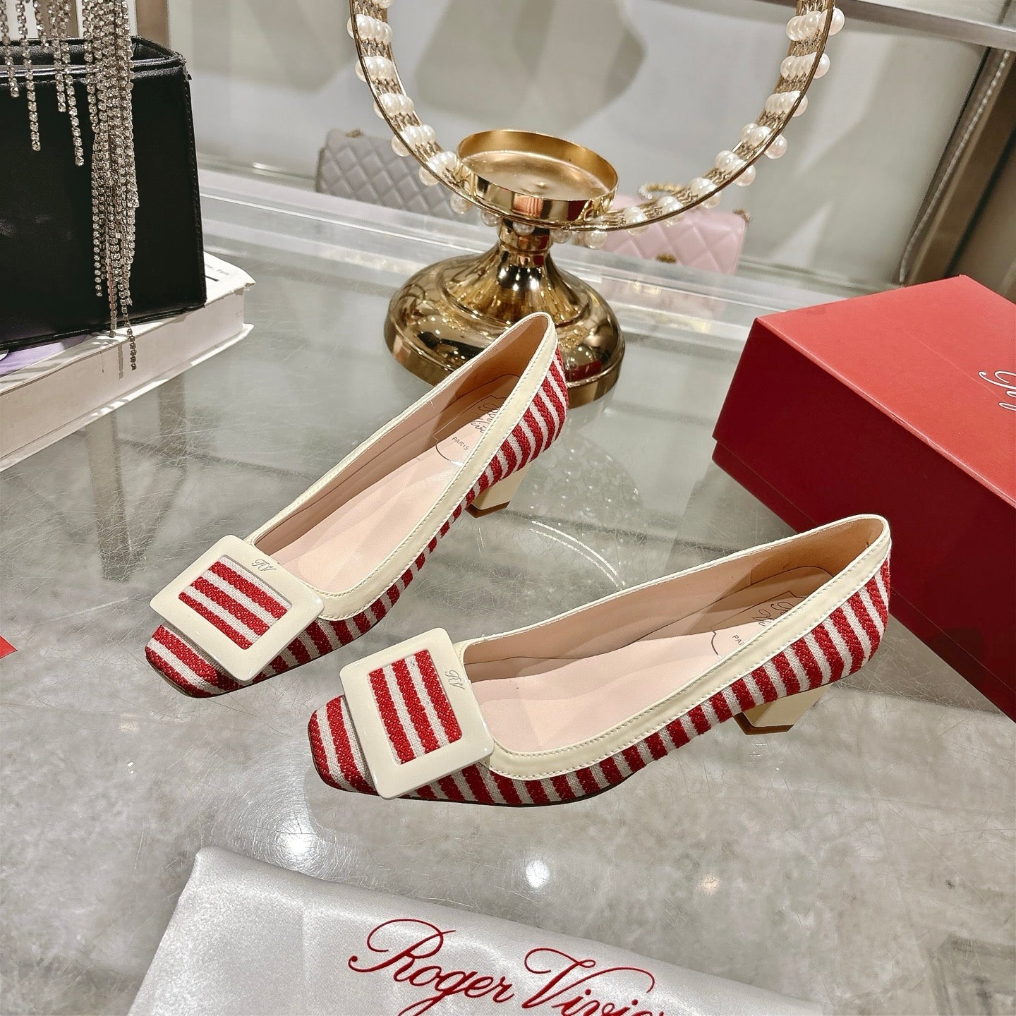 ROGER VIVIER 25S TROMPETTE BALLERINAS 45MM IN RED PLAID PATTERN CANVAS