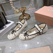 MIUMIU 26S MARY JANE BALLET FLATS IN WHITE CROCHET KNIT