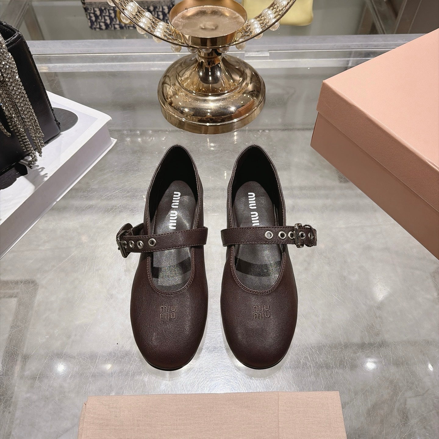 MIUMIU 26S MARY JANE FLATS IN DARK BROWN LAMBSKIN