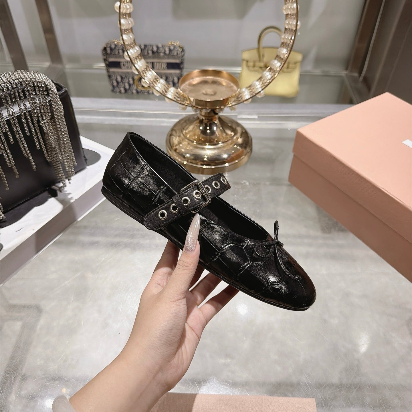 MIUMIU 26S MARY JANE FLATS IN BLACK CROC-EMBOSSED LEATHER
