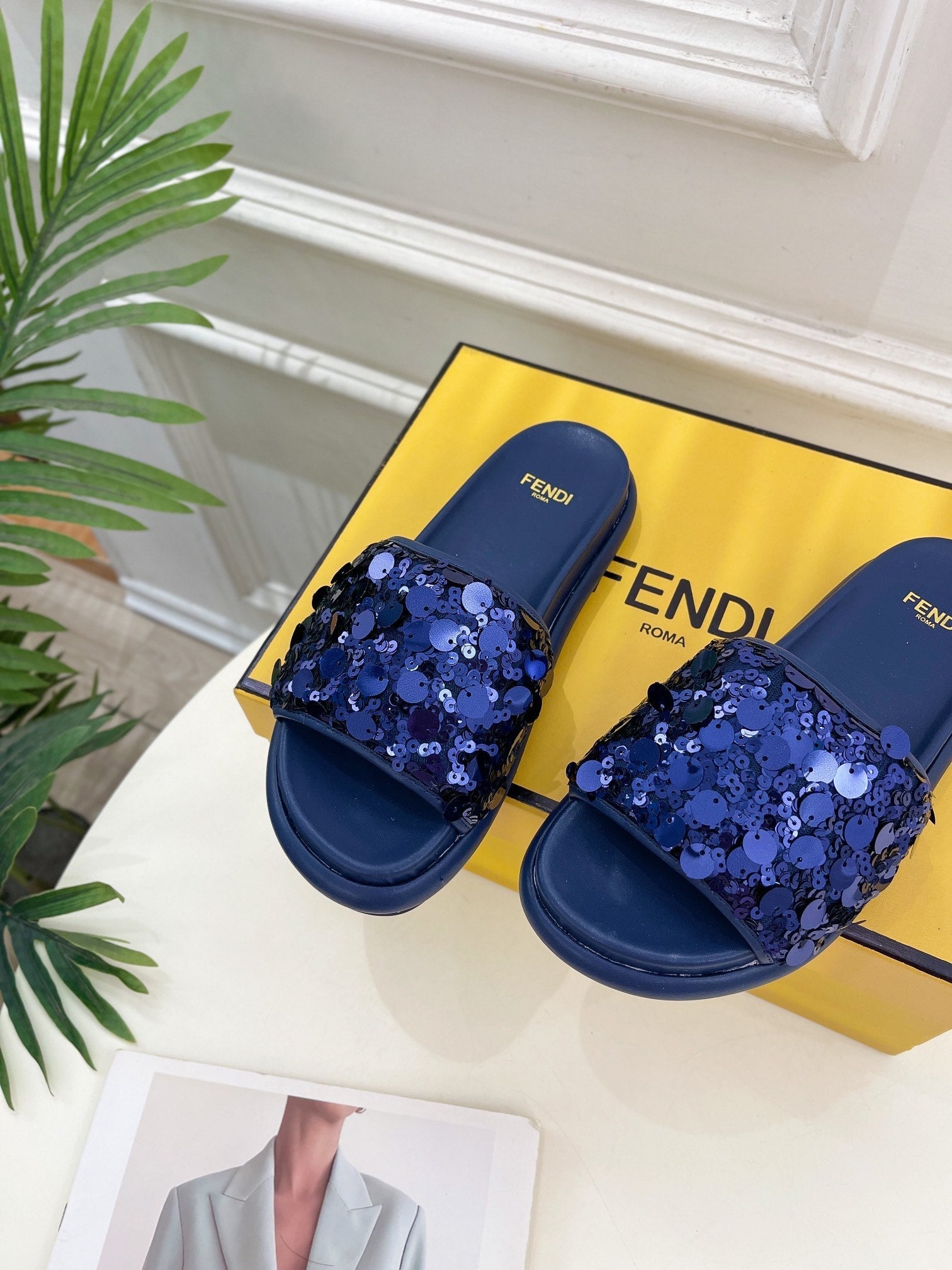 FENDI THICK SOLE 3 CM SEQUIN SLIPPER NAVY BLUE