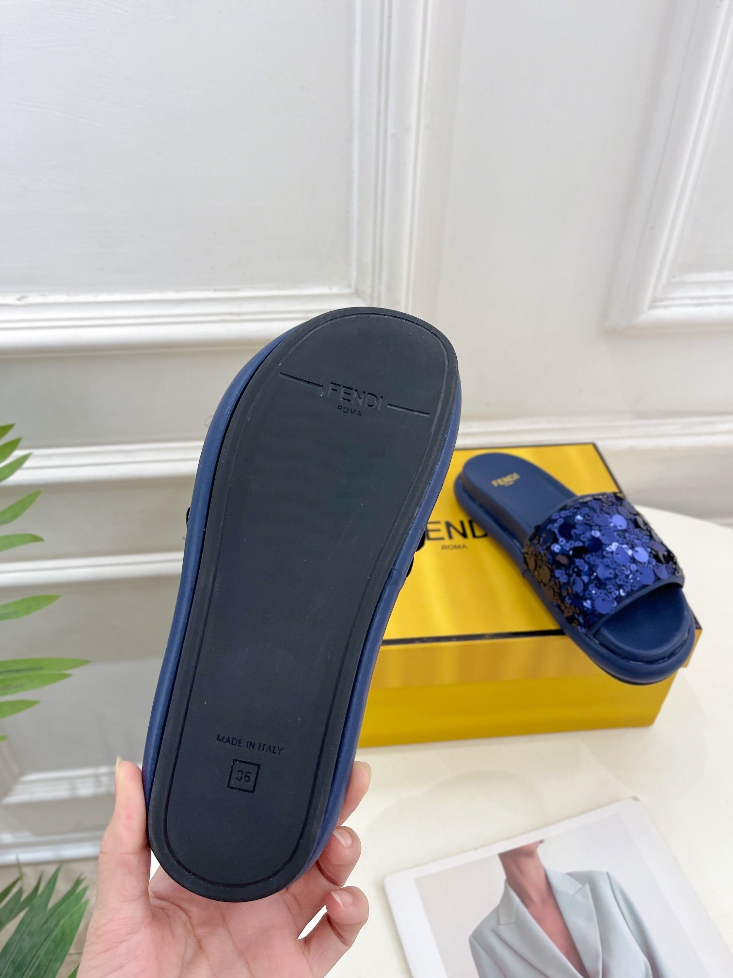 FENDI THICK SOLE 3 CM SEQUIN SLIPPER NAVY BLUE