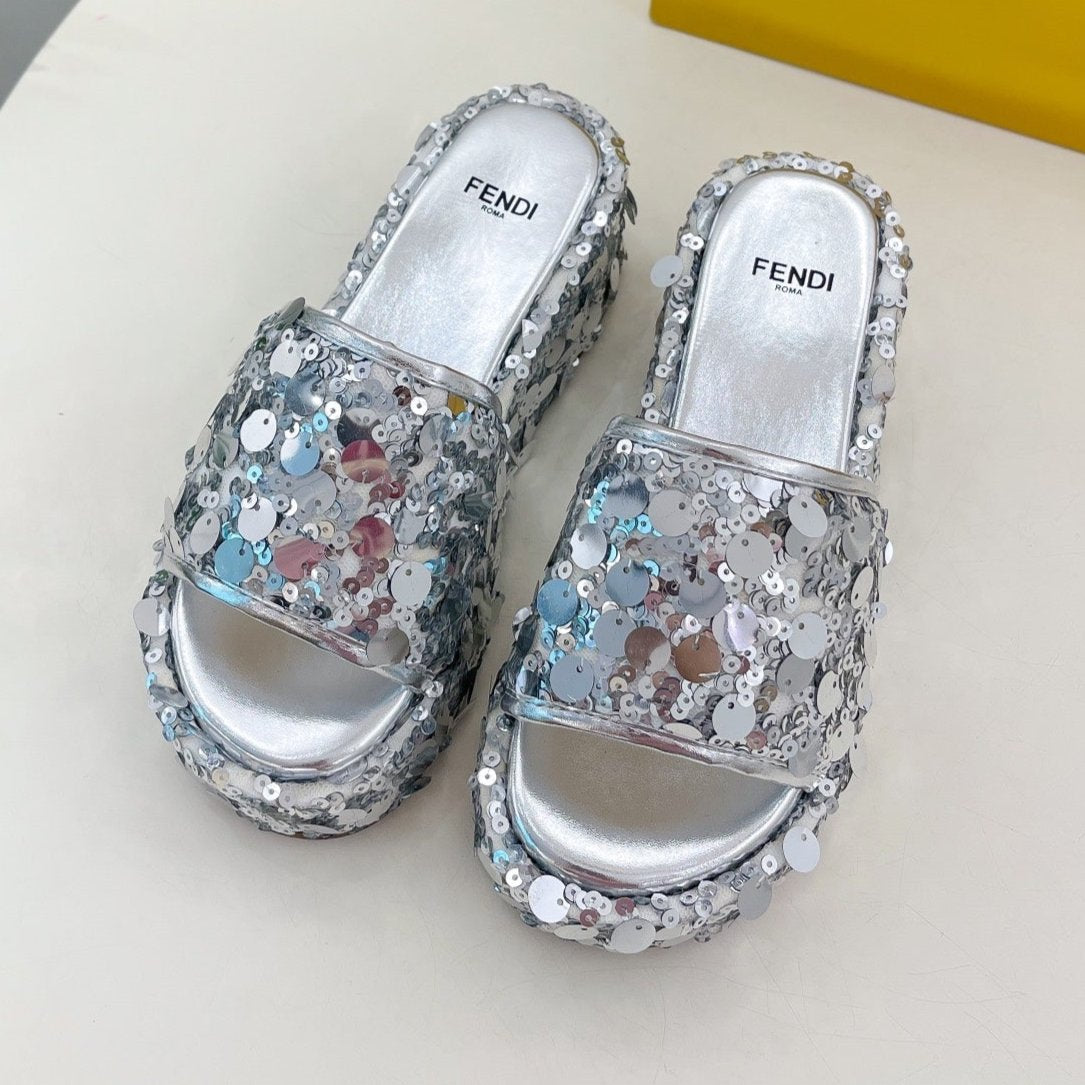 FENDI THICK SOLE 6 CM SEQUIN SLIPPER SILVER