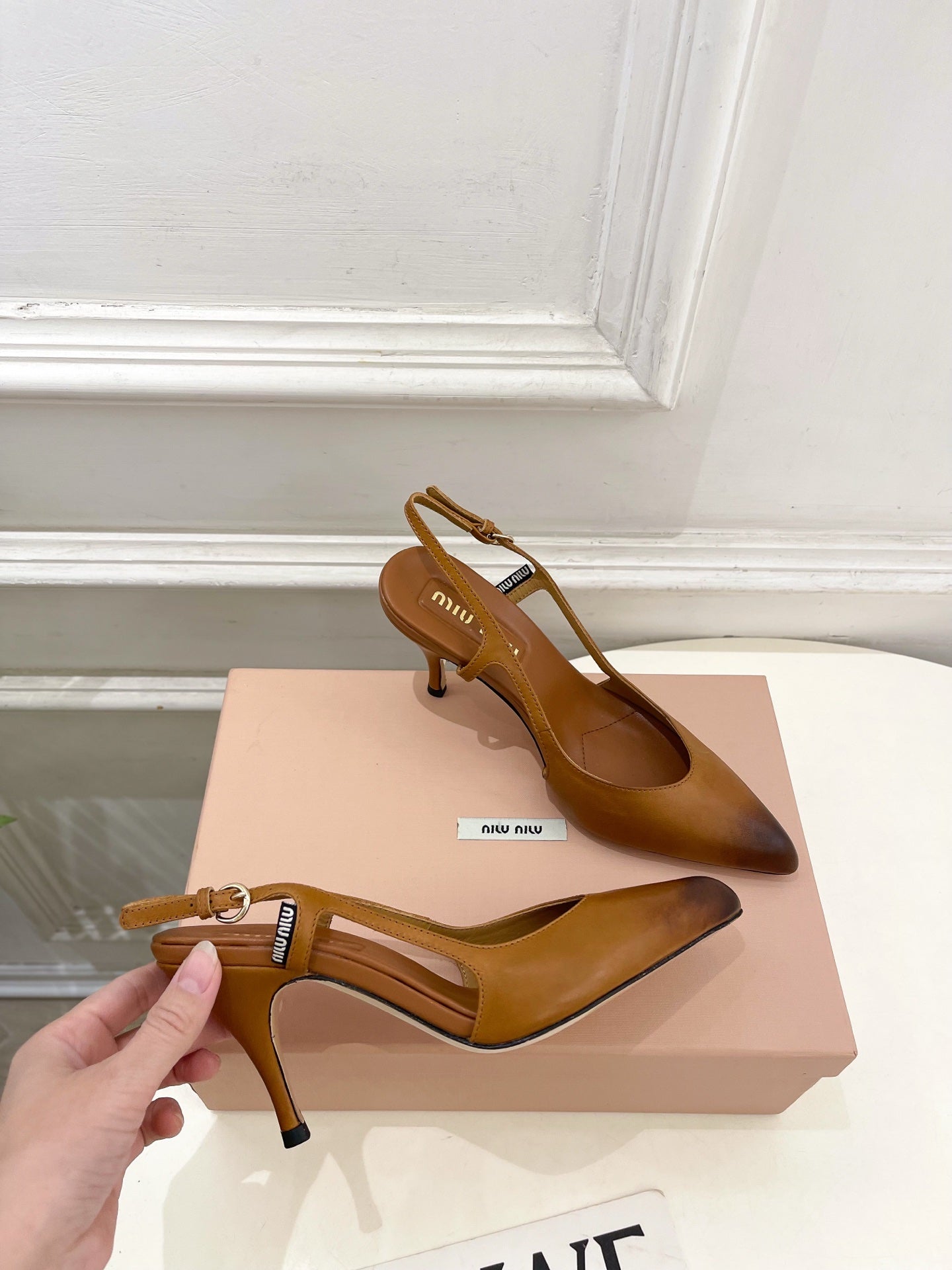 MIUMIU 26S SLINGBACK PUMPS 85MM IN BROWN COGNAC CALFSKIN