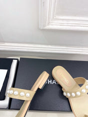 CHANEL 26S THONG SANDALS IN BEIGE LAMBSKIN WITH PEARL EMBELLISHMENTS