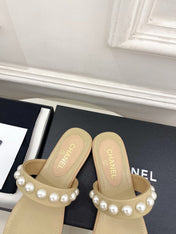 CHANEL 26S THONG SANDALS IN BEIGE LAMBSKIN WITH PEARL EMBELLISHMENTS
