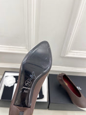 CHANEL 26S SQUARE TOE PUMPS 50 MM IN DARK BROWN LAMBSKIN WITH BLACK TOE CAP