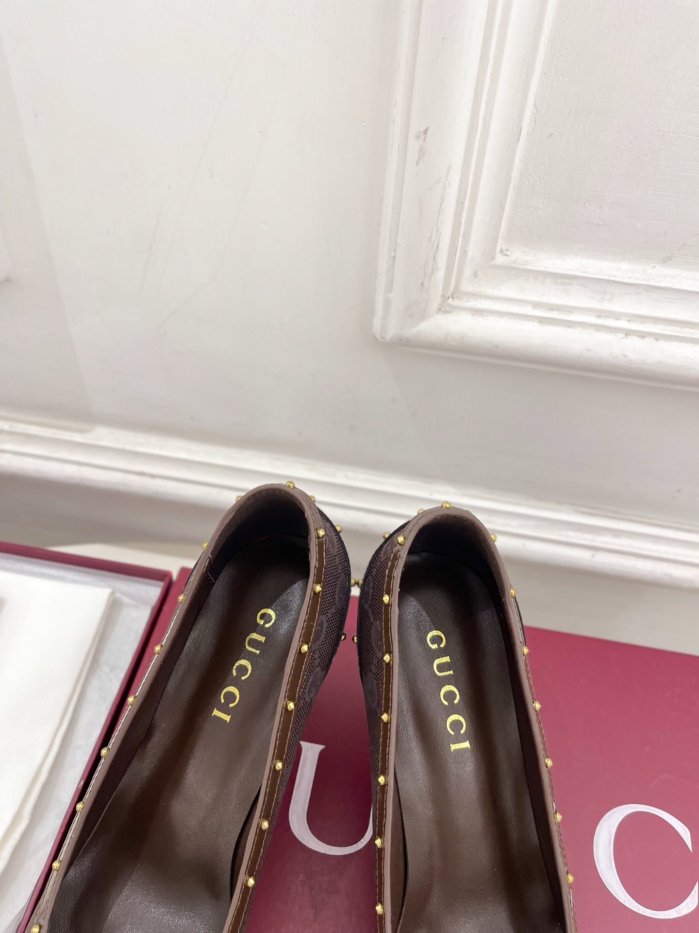 GUCCI 26S HIGH HEELS 75 MM IN DARK BROWN CANVAS GG LOGO PATTERN