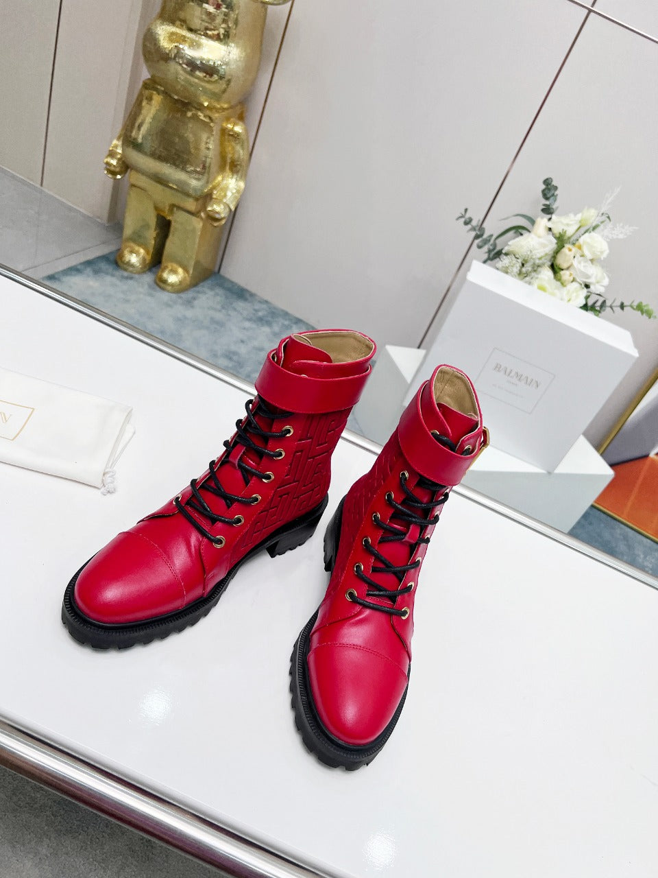 BALMAIN 26S BOOTS IN RED CALFSKIN AND SUEDE