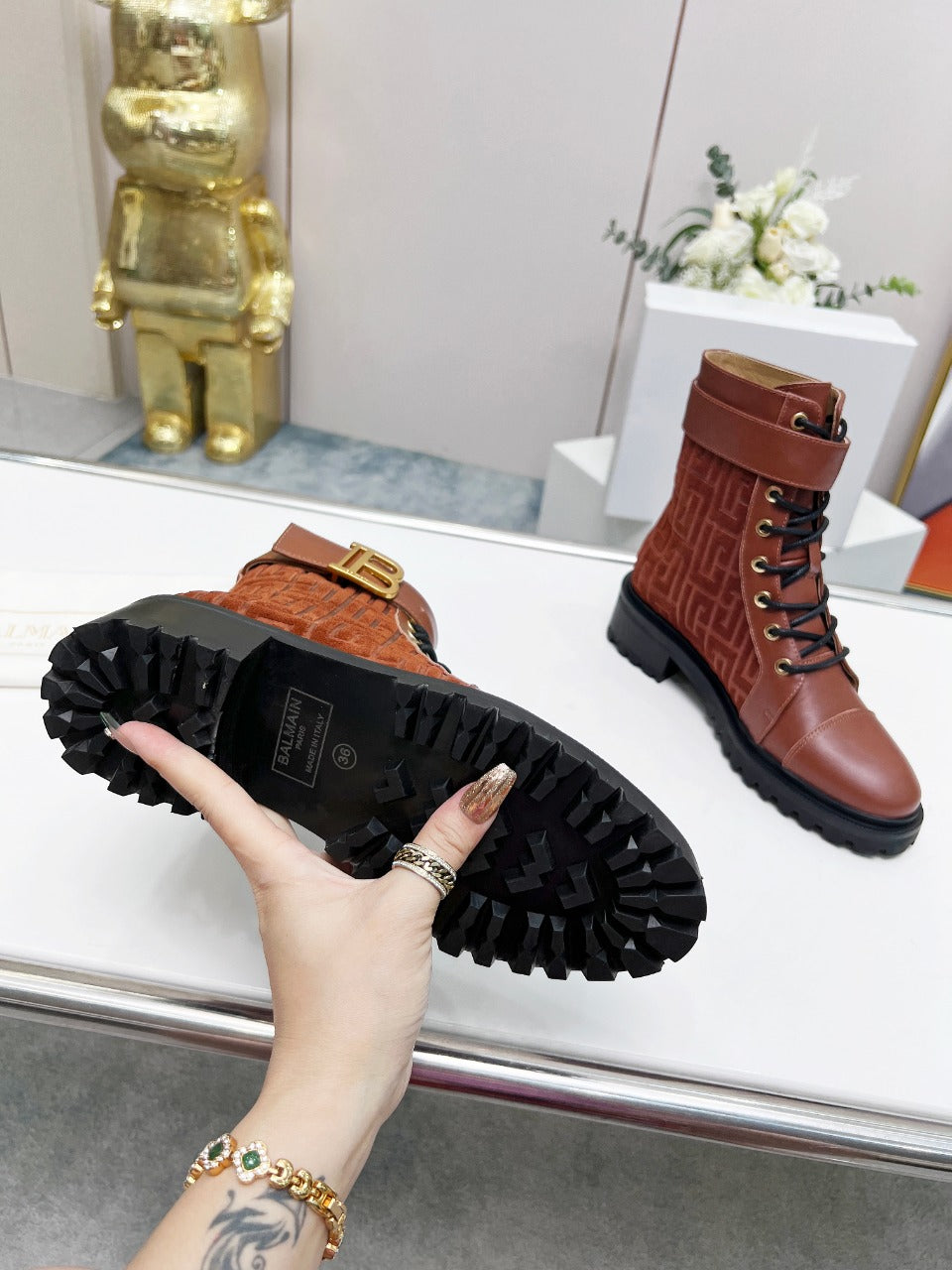 BALMAIN 26S BOOTS IN RUST BROWN CALFSKIN AND SUEDE