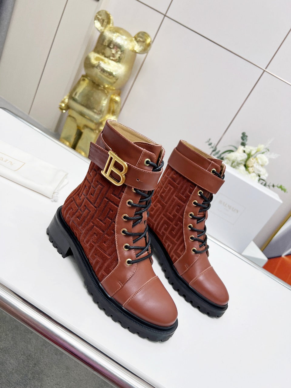 BALMAIN 26S BOOTS IN RUST BROWN CALFSKIN AND SUEDE