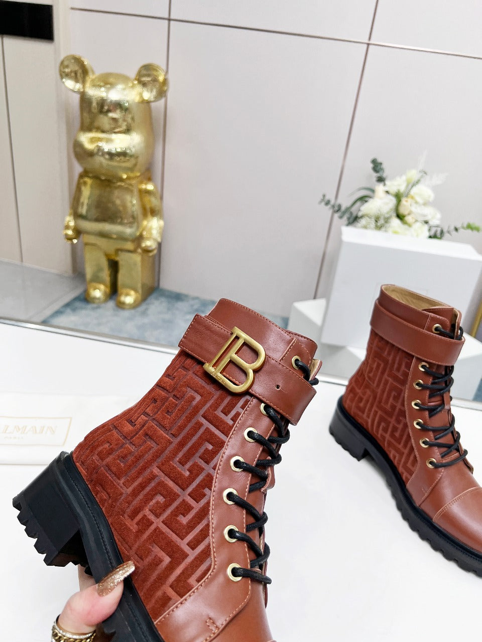 BALMAIN 26S BOOTS IN RUST BROWN CALFSKIN AND SUEDE