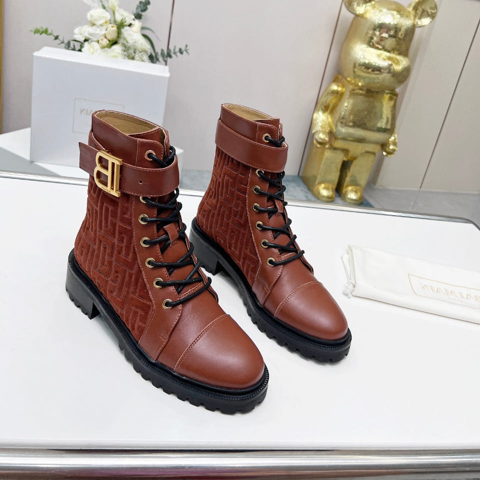 BALMAIN 26S BOOTS IN RUST BROWN CALFSKIN AND SUEDE