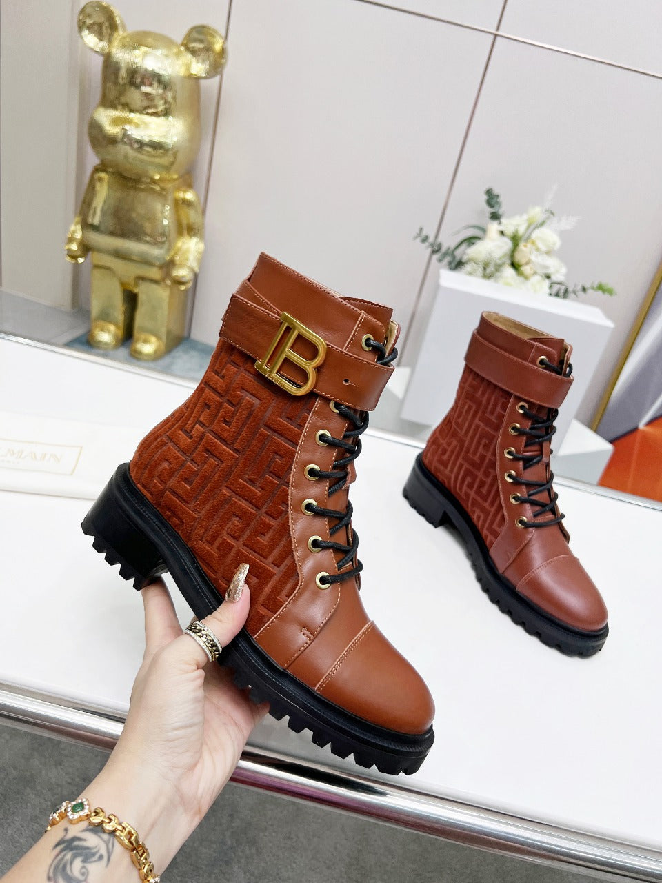 BALMAIN 26S BOOTS IN RUST BROWN CALFSKIN AND SUEDE